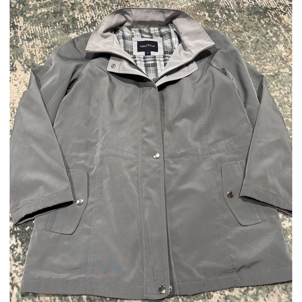 Nautica Mens Light Gray Water-Resistant Rain Jacket Plaid Lined - Size Large